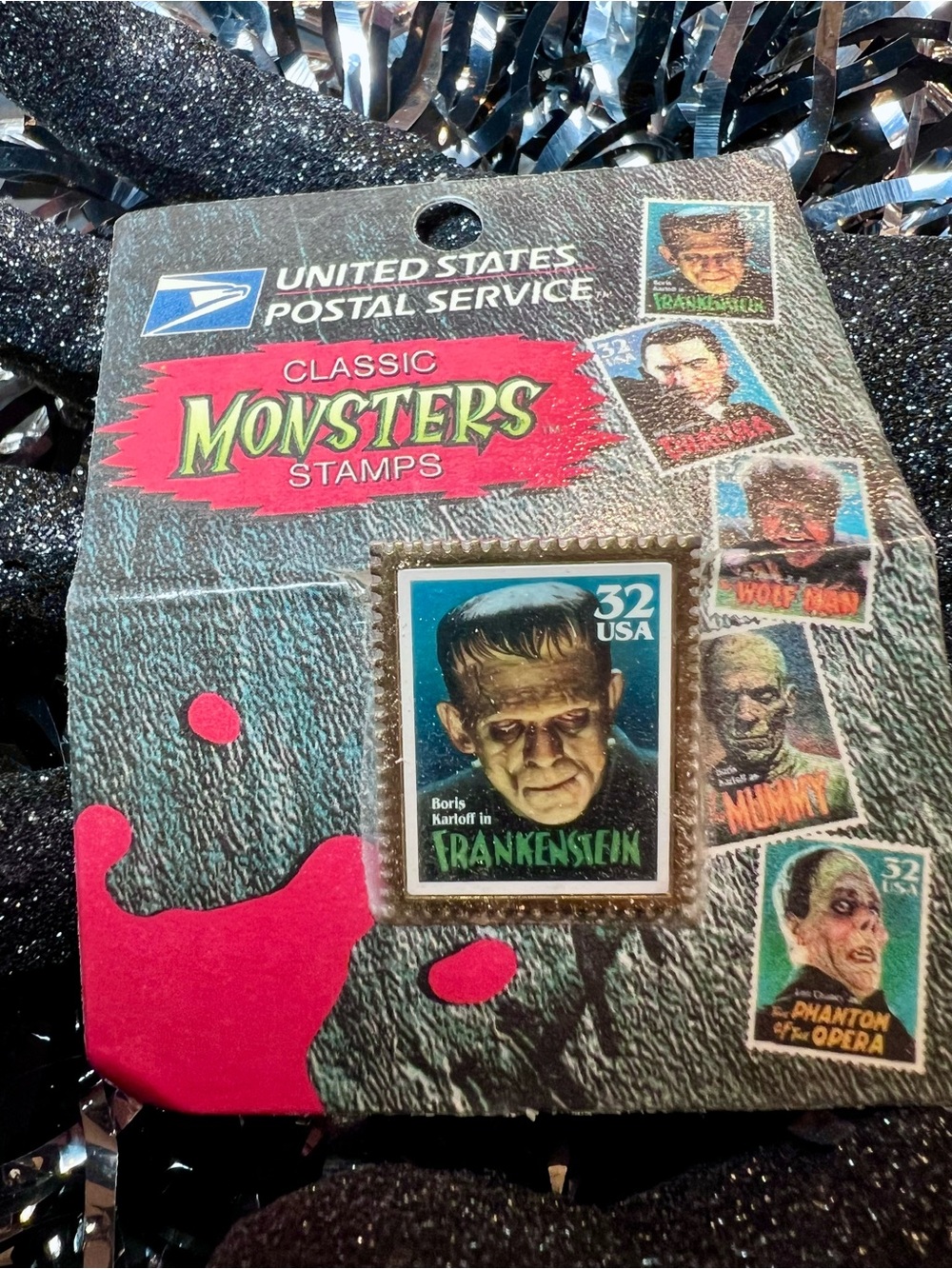 Vintage Classic Movie Monsters Frankenstein Stamp Pin USPS Boris Karloff 1997 - Picture 3 of 4